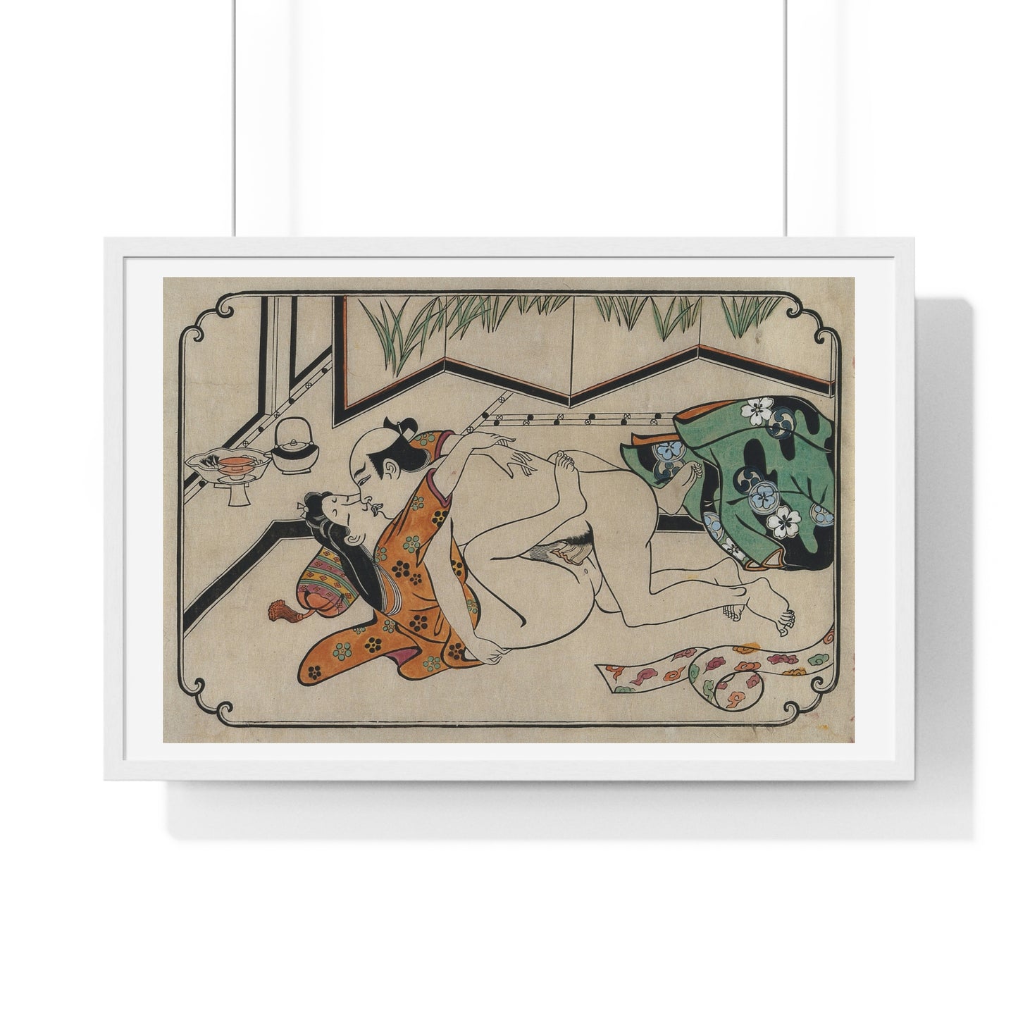 Middle-Aged Couple Making Love, Coloured Reproduction of a Woodcut by Moronobu (1680s) Framed Art Print