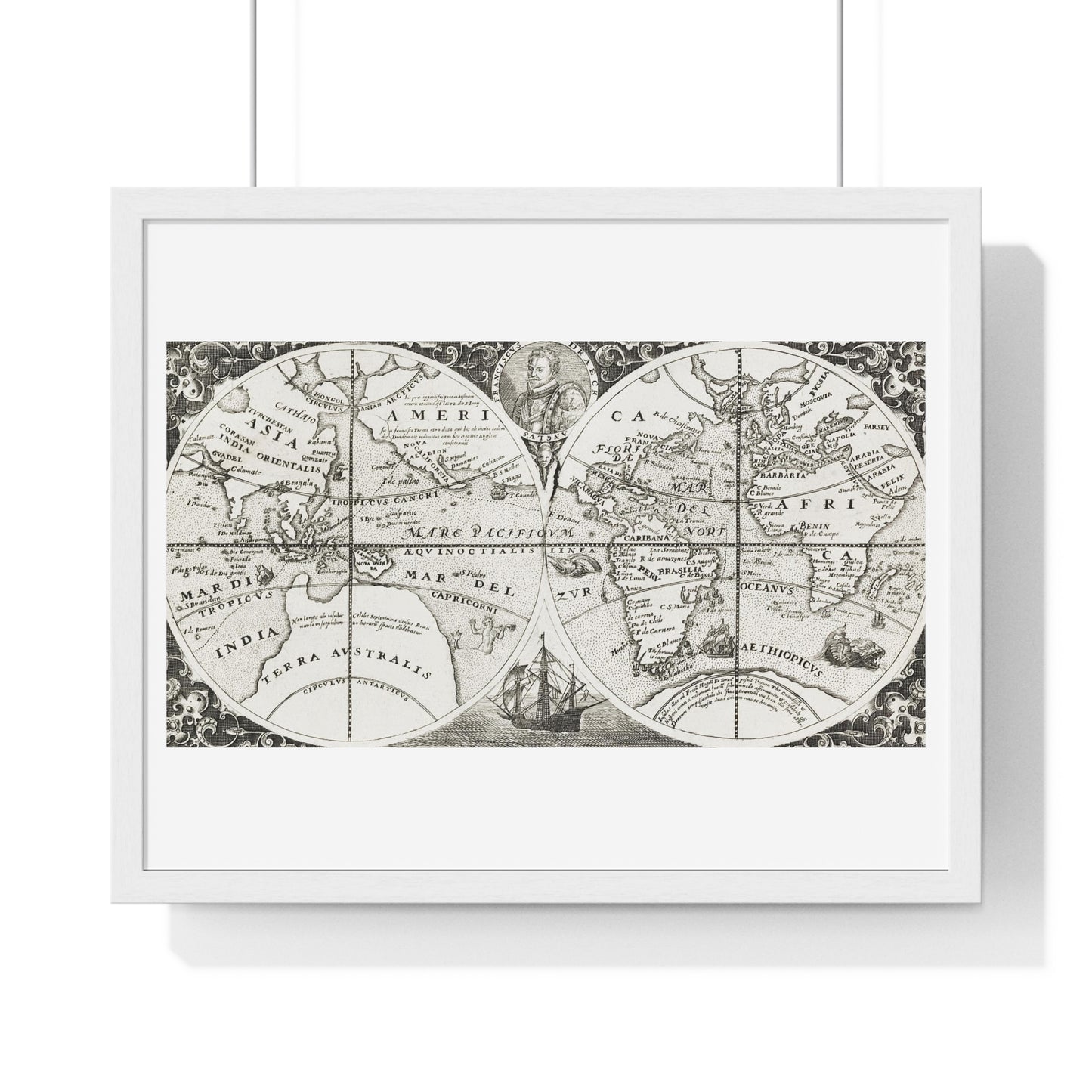 Antique Map from the Grand Voyages to the New World (1596) by Theodor de Bry from the Original, Framed Art Print