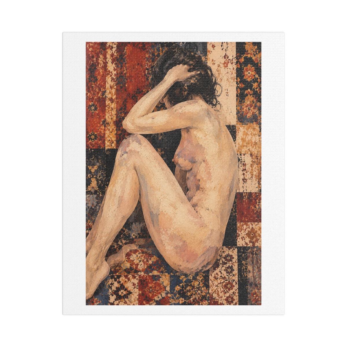 Textured Contemplative Figure Against Ornate Tapestry, Art Print on Satin Canvas, Stretched