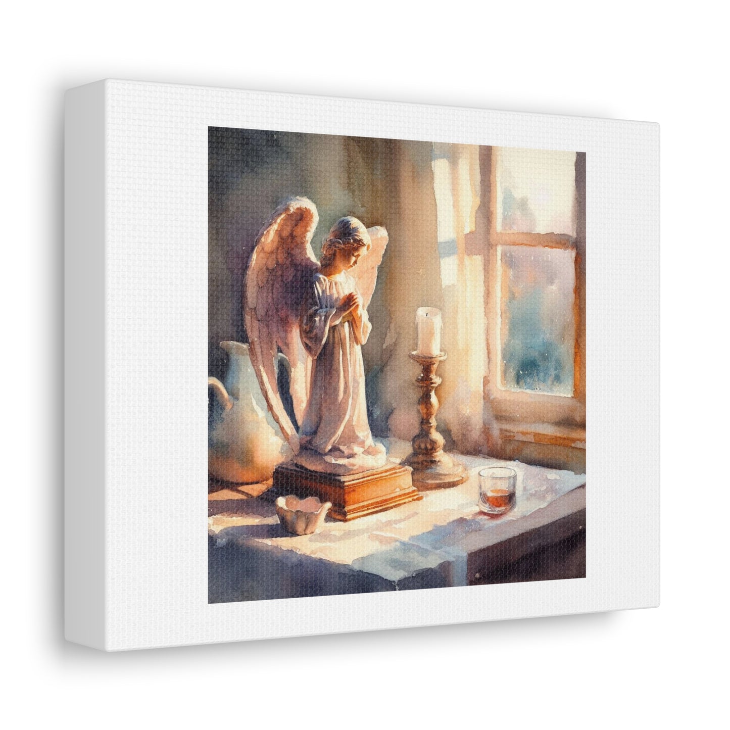 Still Life Watercolour of an Angel Figurine on a Table, Window Background, Soft Afternoon Light 'Designed by AI' Art Print on Canvas