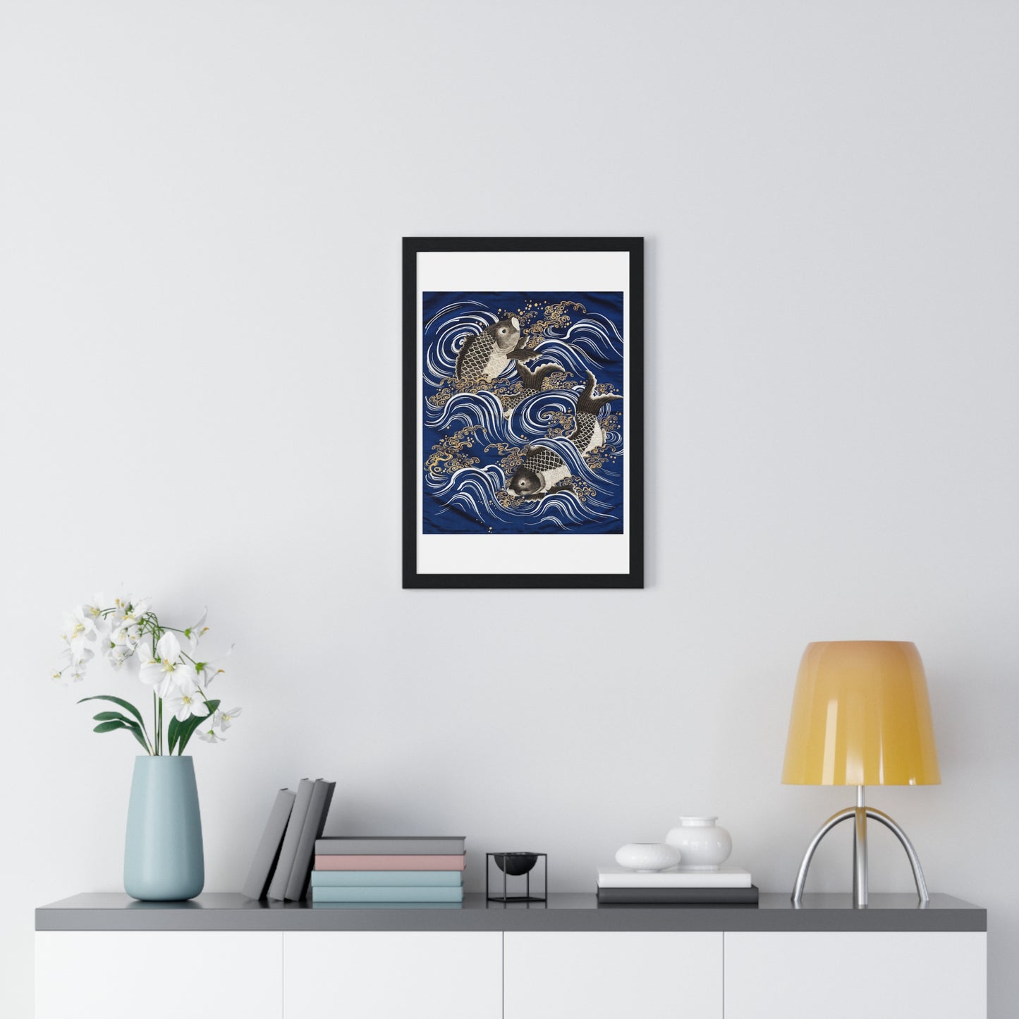 Gift Cover 'Fukusa' with Carp in Waves (Meij Period) from the Original, Framed Art Print