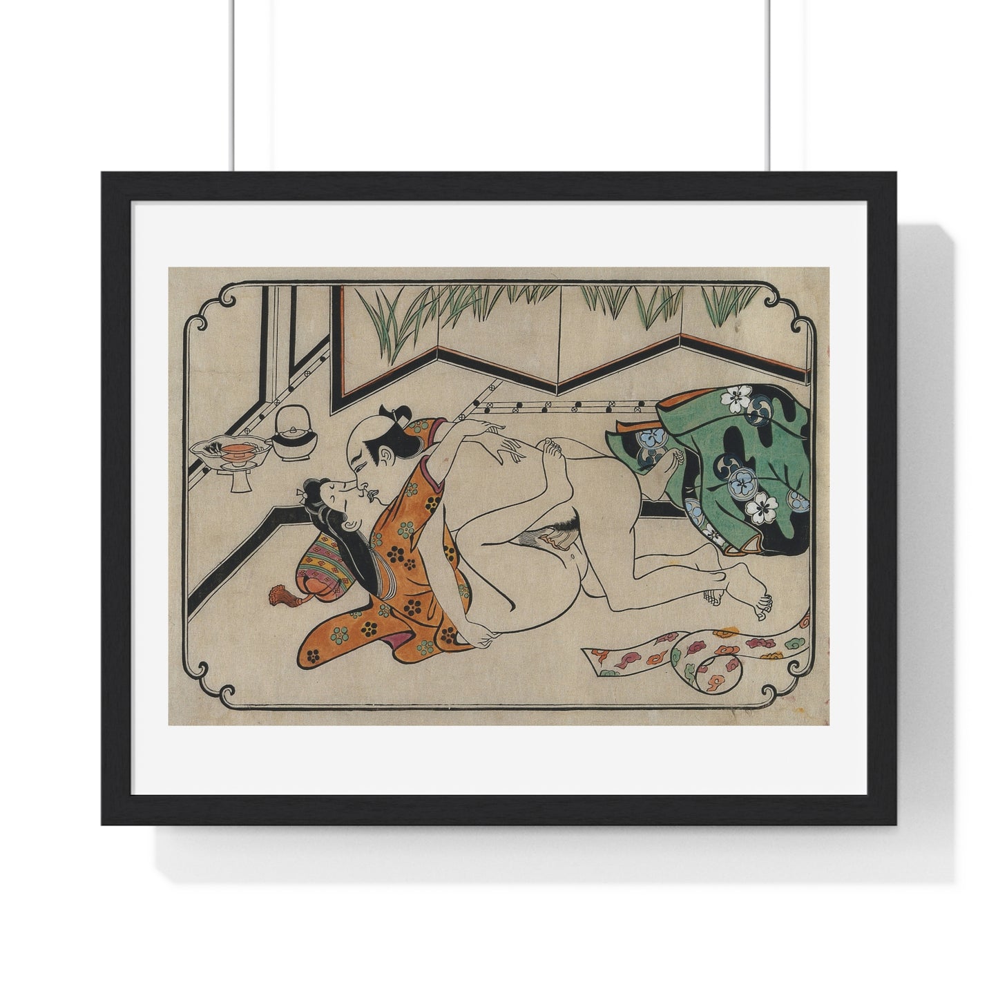 Middle-Aged Couple Making Love, Coloured Reproduction of a Woodcut by Moronobu (1680s) Framed Art Print