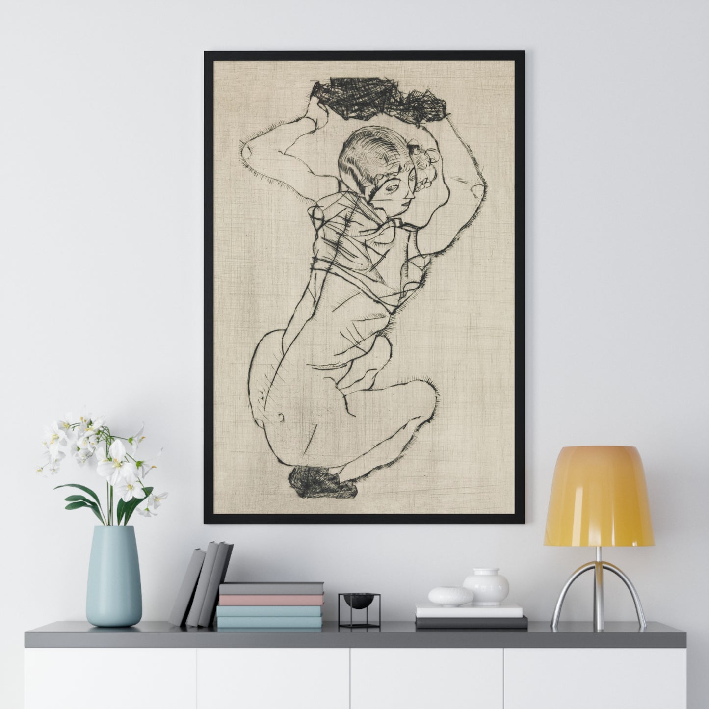 Squatting Woman (1914) by Egon Schiele from the Original, Framed Art Print