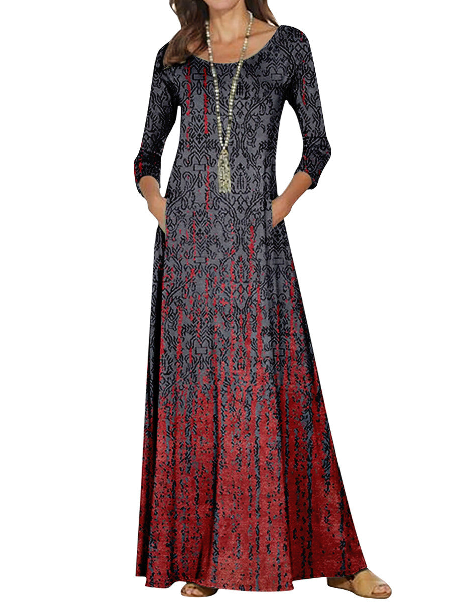 Round Neck Abstract Print Long Dress, Plus Sizes