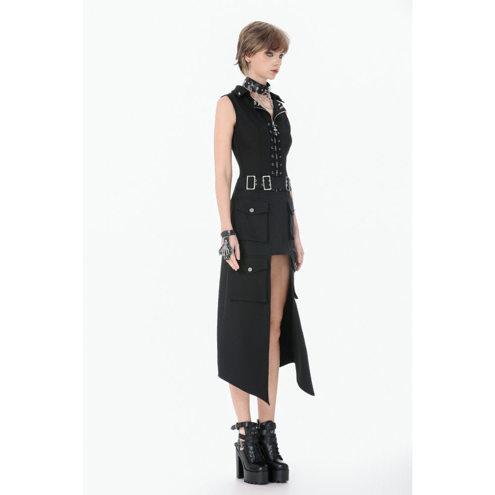 Dark in Love Punk Layered-Pocket Cutout Belted Long Skirt