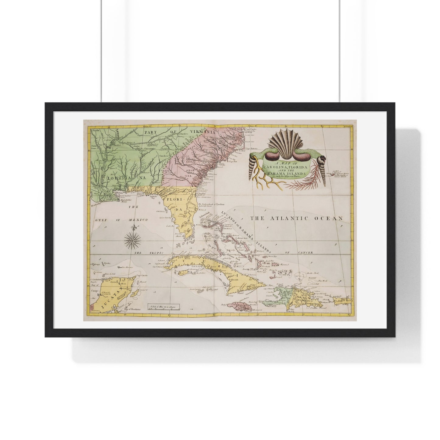 Map of Carolina, Florida and the Bahama Islands with Adjacent Parts from the Natural History of Carolina, Florida, and the Bahama Islands (1754) from the Original, Framed Art Print