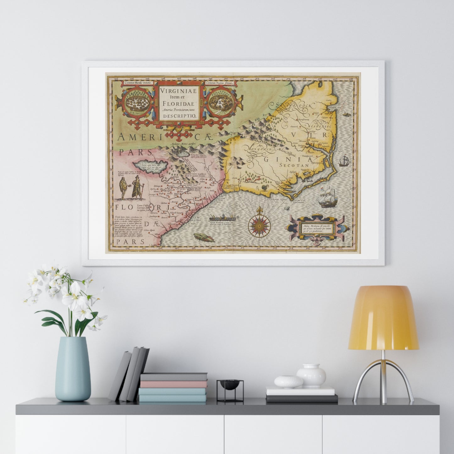 Historic Map of the American South: Virginia Item et Floridae (1606) by Gerardus Mercator and Jocodus Hondius, Framed Print