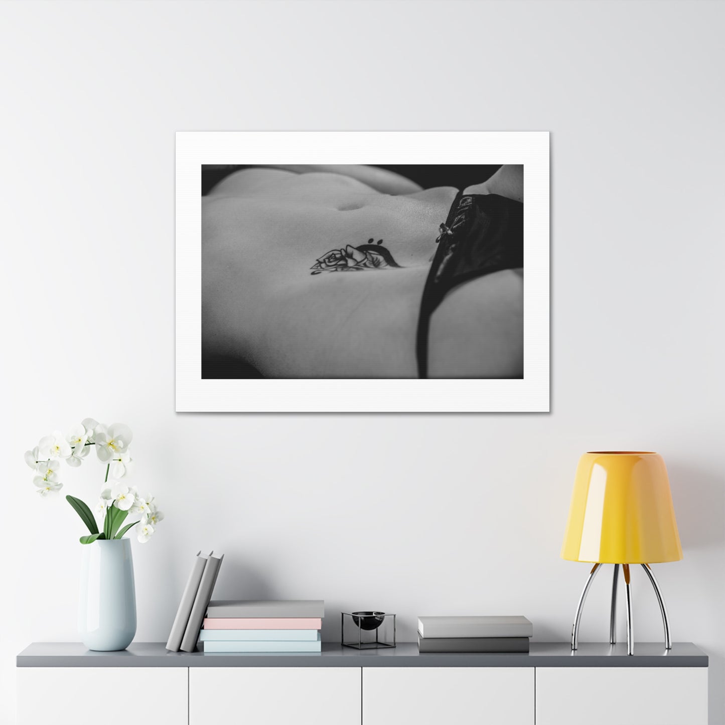 Rose Tattoo on Belly Black & White Photographic Art Print on Satin Canvas