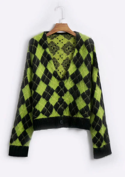 Vireous Avocado Green Diamond Knit Cardigan