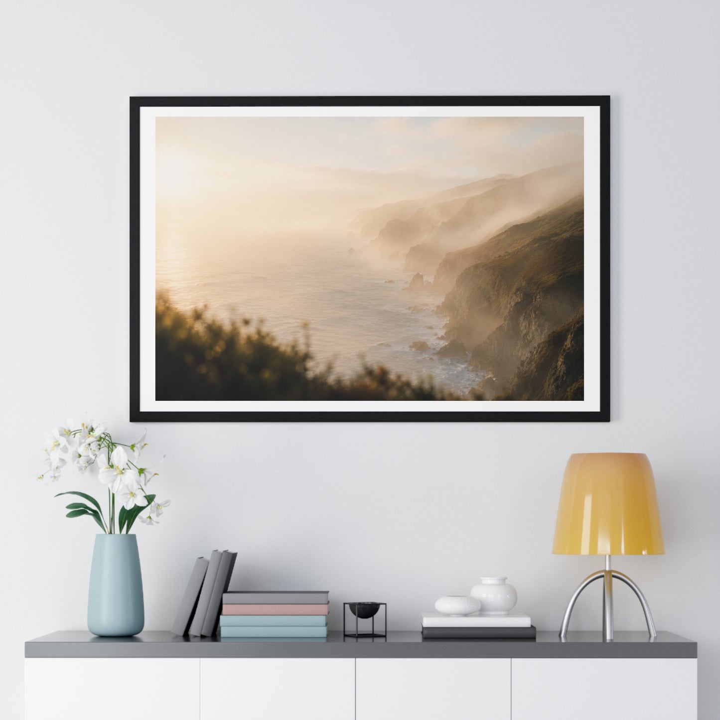 Golden Hour Coastal Mist and Cliffs, Landscape Art Framed Print