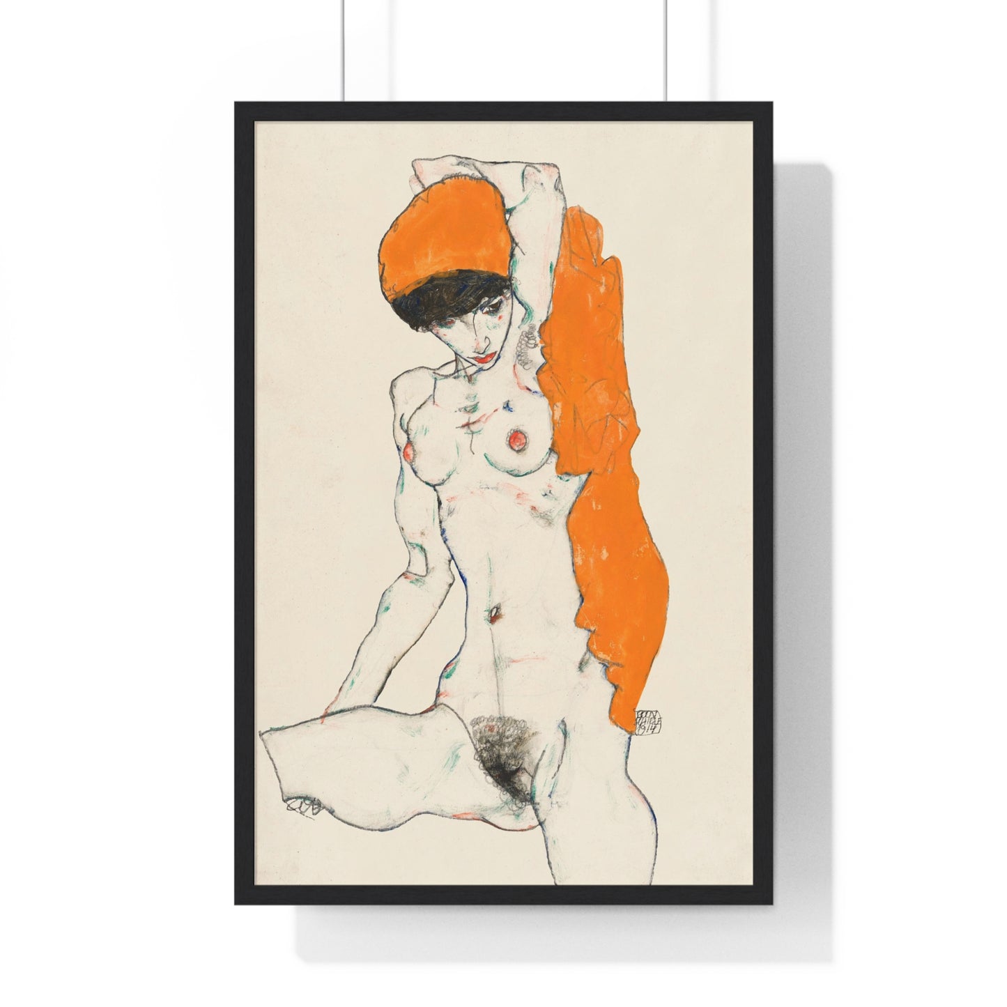 Standing Nude with Orange Drapery (1914) Line Art by Egon Schiele from the Original, Framed Art Print