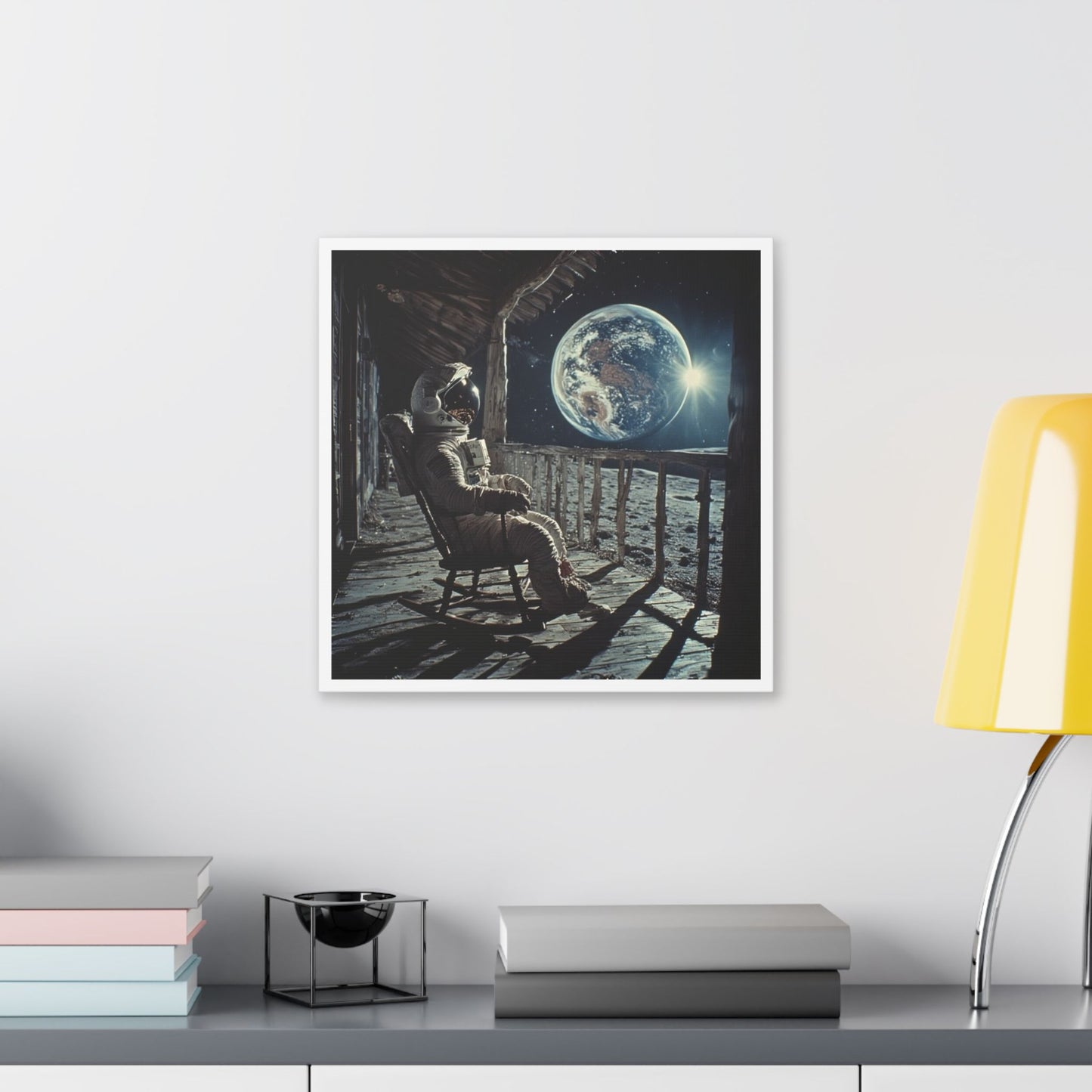 Astronaut on the Moon Sitting in a Rocking Chair on the Porch of a Farmhouse, Photorealism 'Designed by AI' Canvas Art Print