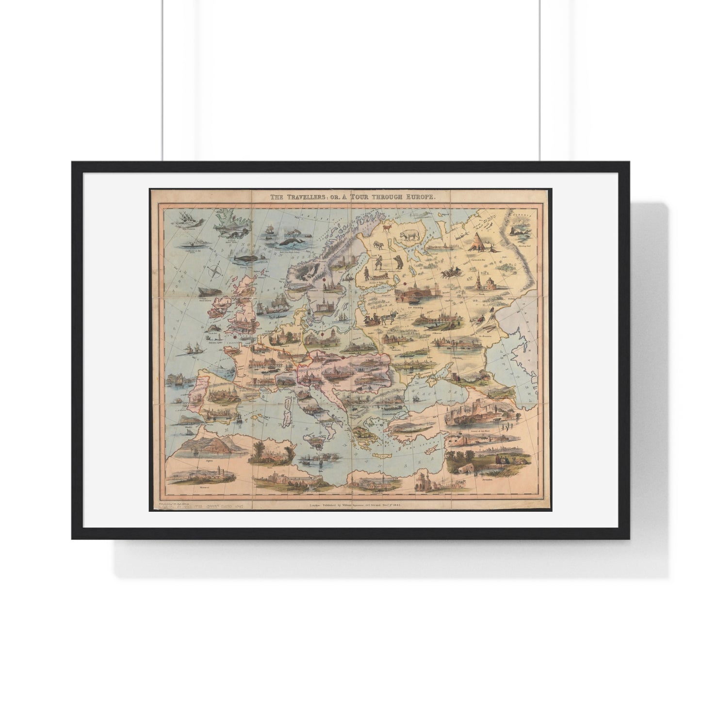 Map of the World 'The Travellers or a Tour Through Europe' (1842) by William Spooner, from the Original, Framed Art Print