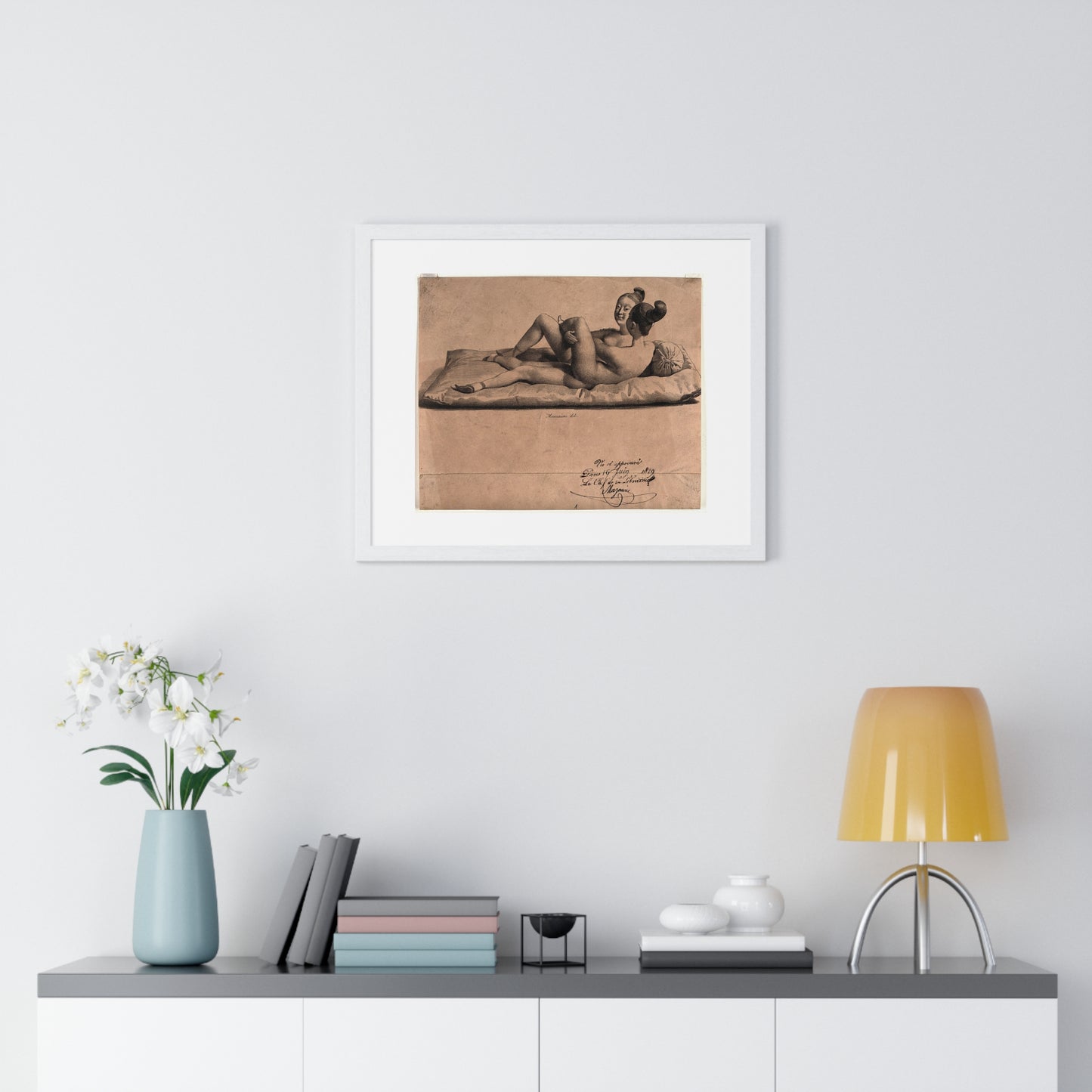 Two Chinese Girls with Bound Feet are Making Love on a Mattress (1829) Lithograph by Jean-Baptiste Mauzaisse, Framed Print