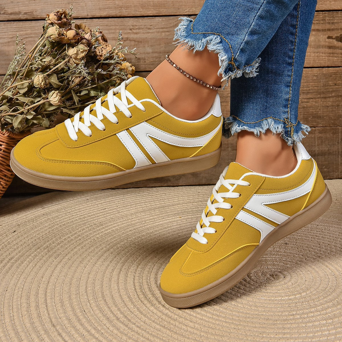Lace-Up Round Toe Sneakers, Fashion Sports Slip-On Casual Flats