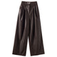 Vireous Women's Designer Vintage Brown Pleated Loose Leather Pants