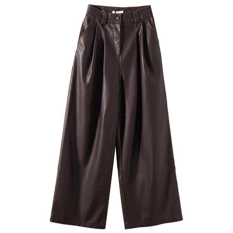 Vireous Women's Designer Vintage Brown Pleated Loose Leather Pants