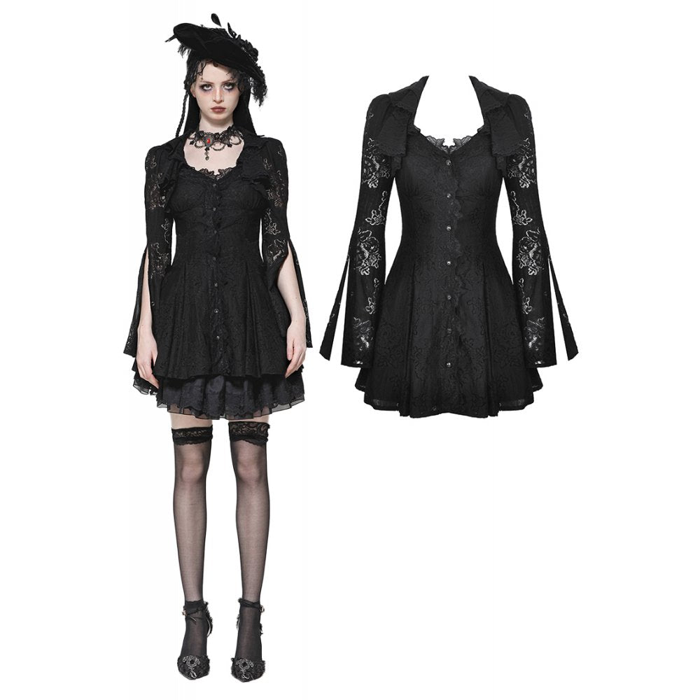 Dark in Love Luca Black Hollow Lace Gemstone-Button Adjustable Waist Dress