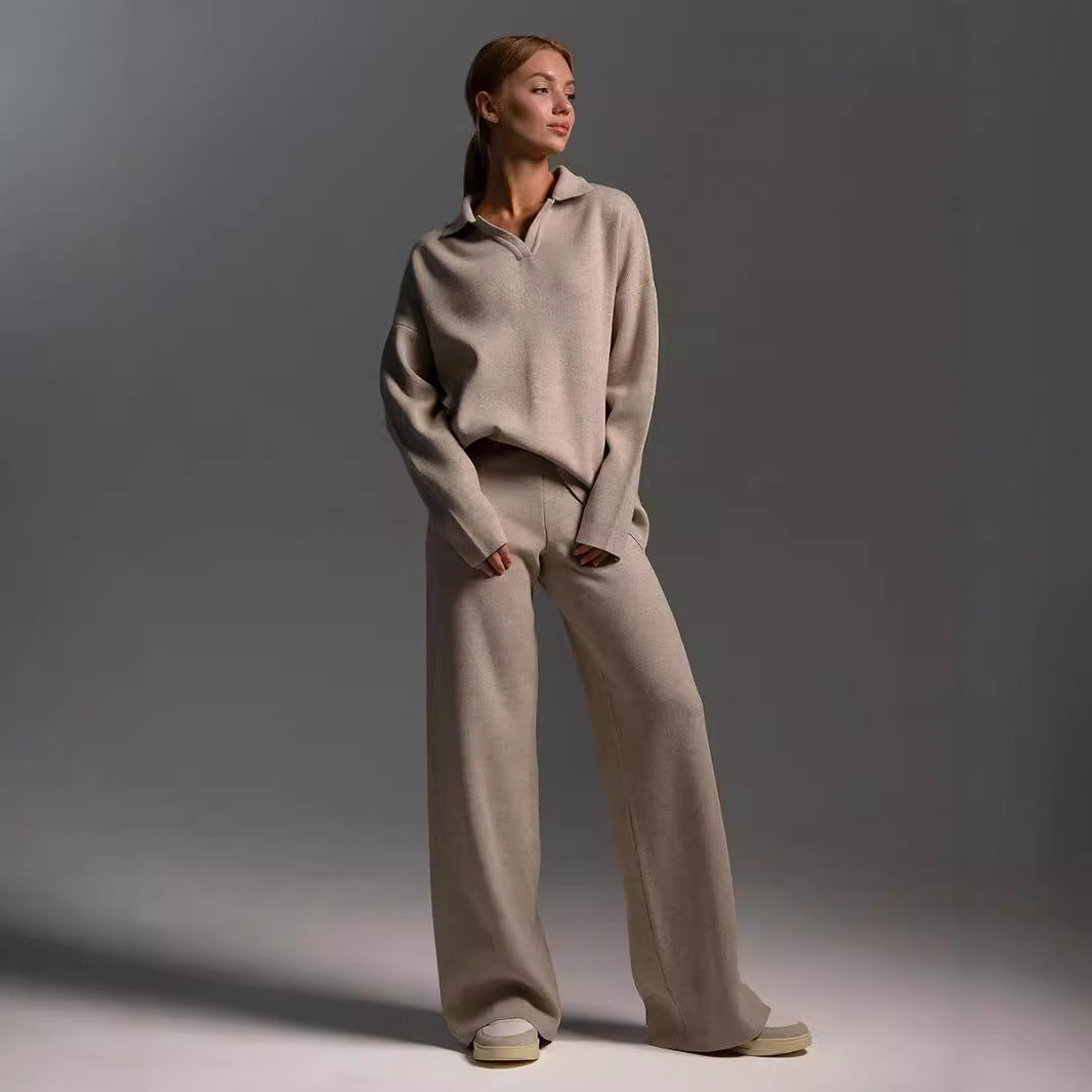Women's Knitted Fashion Suit, Casual Collared Loose Pants Set