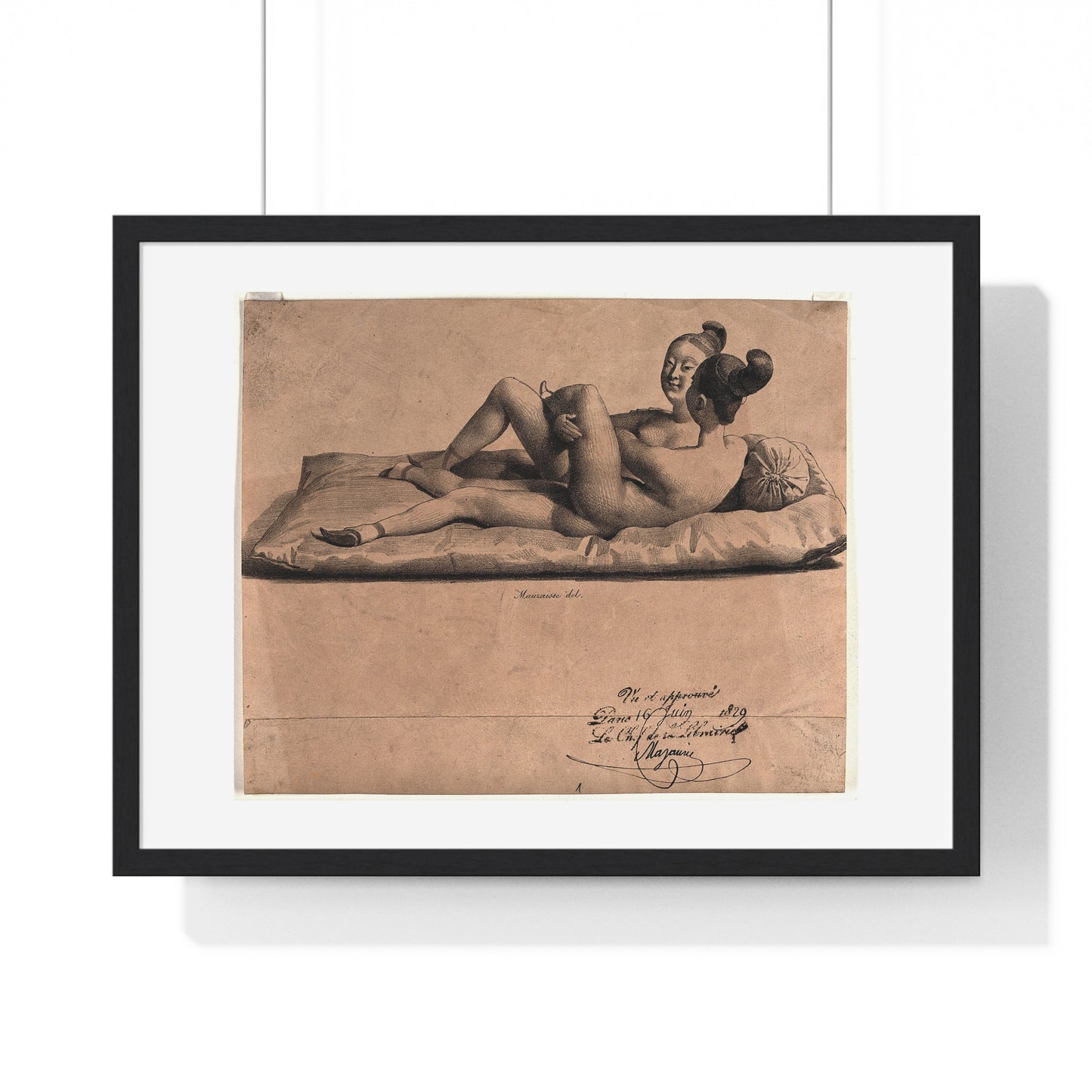 Two Chinese Girls with Bound Feet are Making Love on a Mattress (1829) Lithograph by Jean-Baptiste Mauzaisse, Framed Print