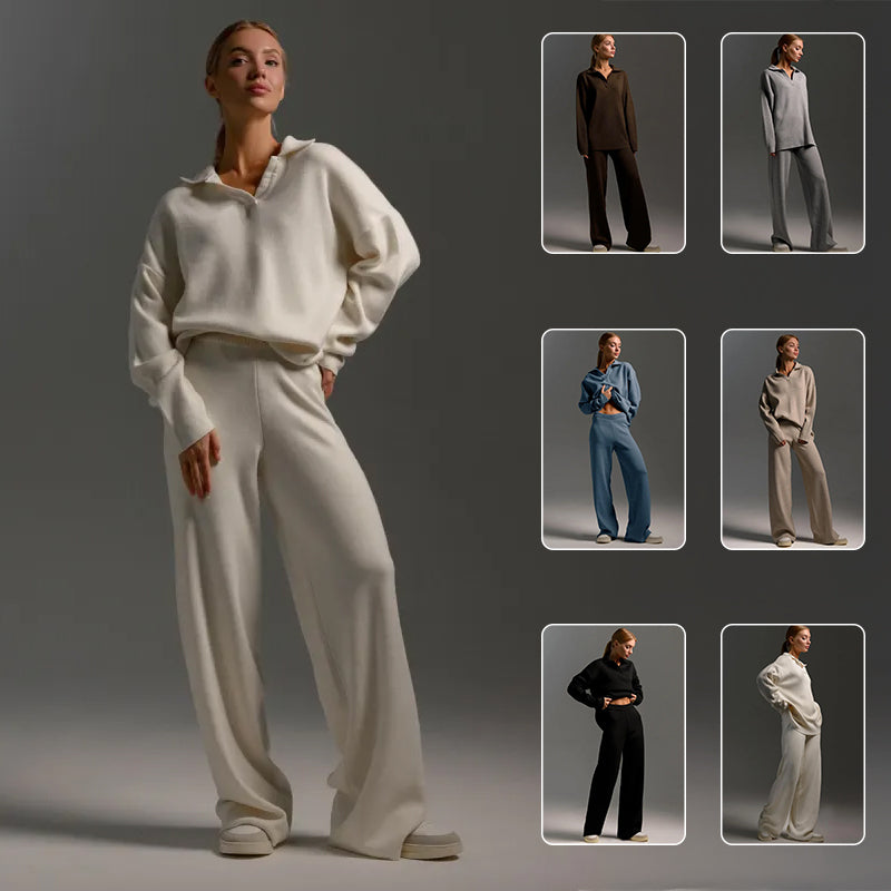 Women's Knitted Fashion Suit, Casual Collared Loose Pants Set