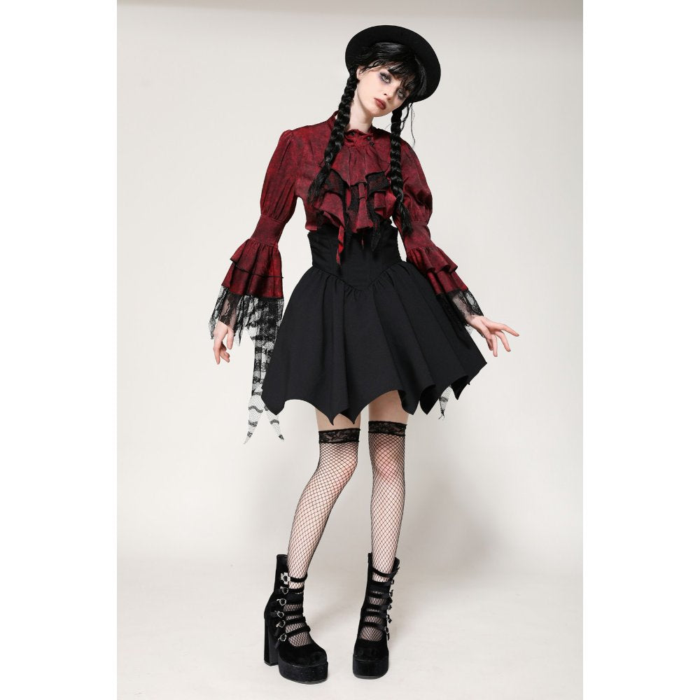 Dark in Love Vampiretta Red Distressed-Effect Frilly Blouse