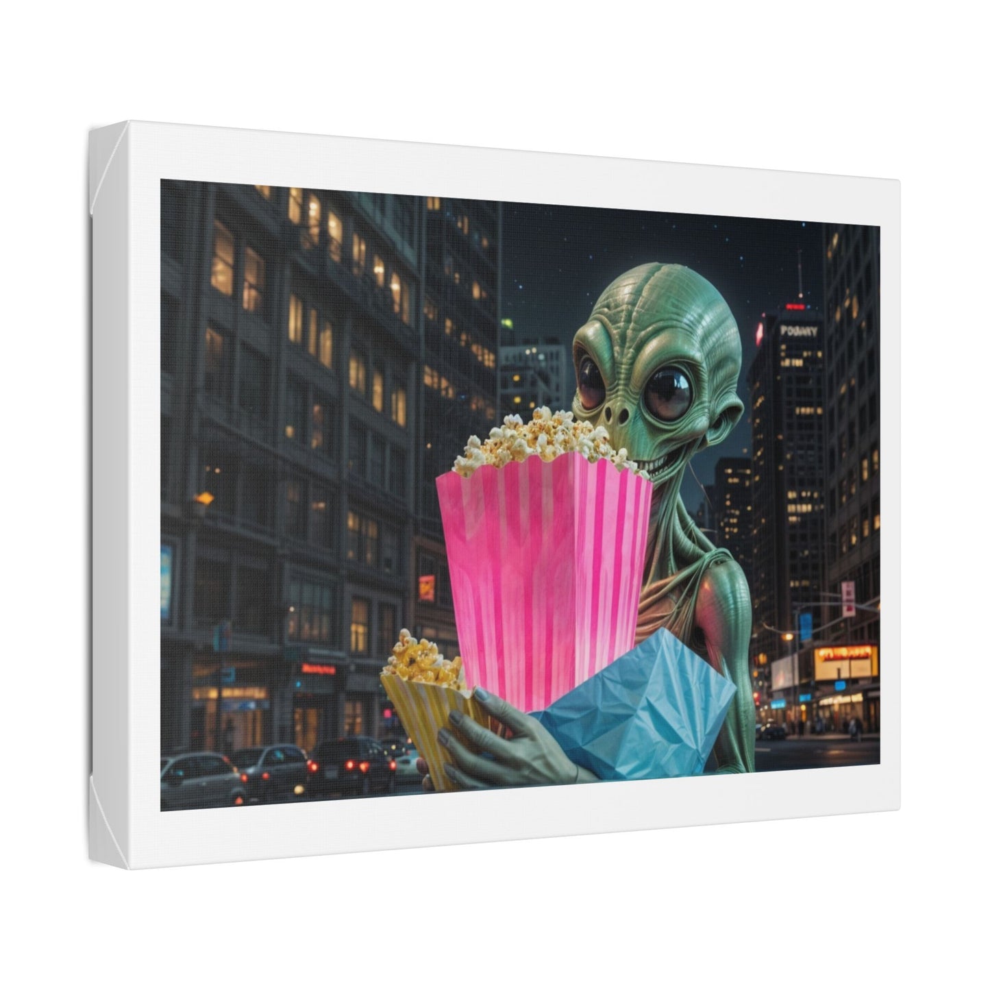 Alien Watching the Planet Earth Show 'Designed by AI' Satin Canvas Art Print