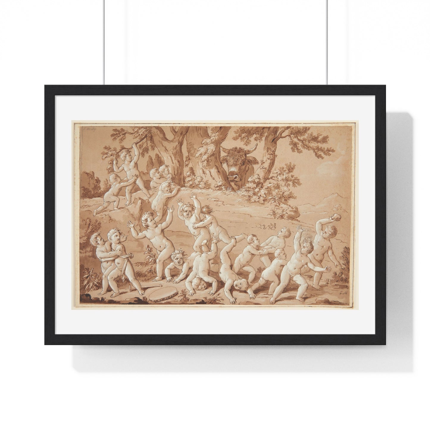 Putti Flees from a Bull, by Conrad Martin Metz, from the Original, Framed Art Print