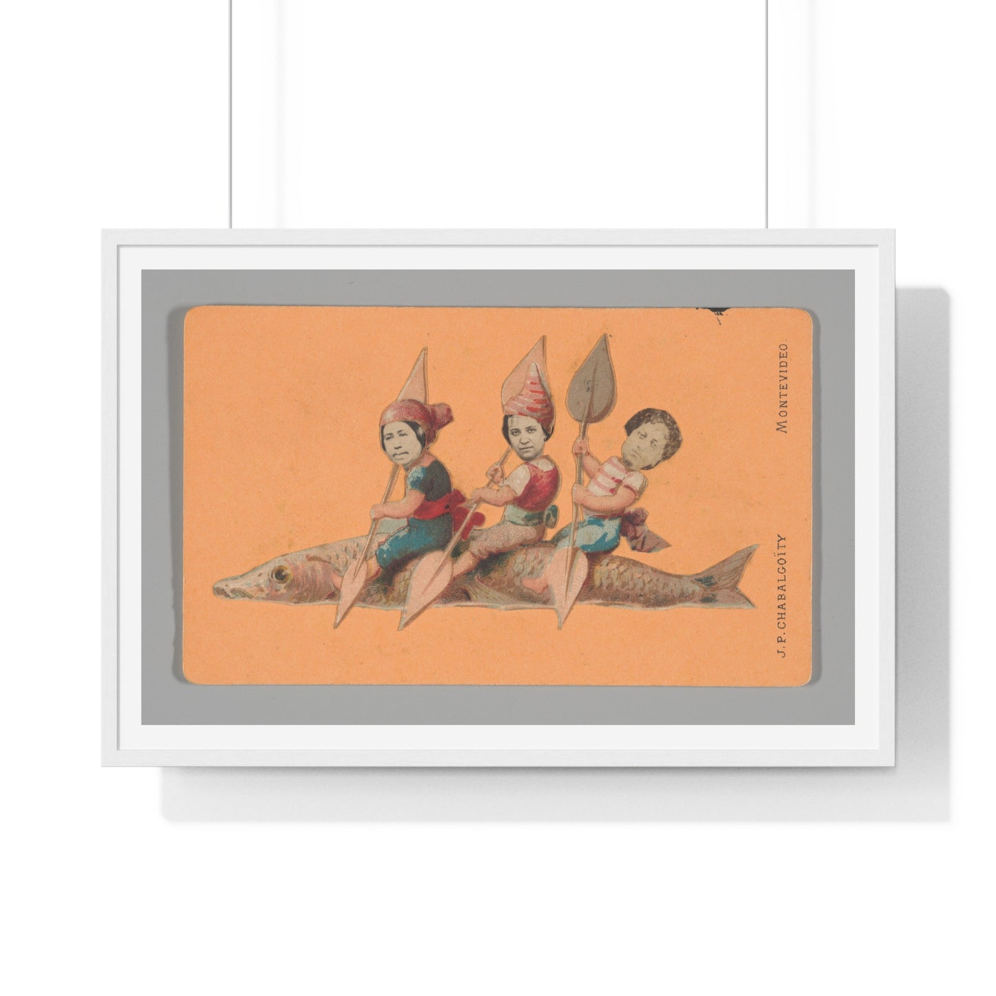 Uruguayan Photo Collage, Three People Holding Oars, Sitting on a Large Fish (circa 1875) Framed Art Print