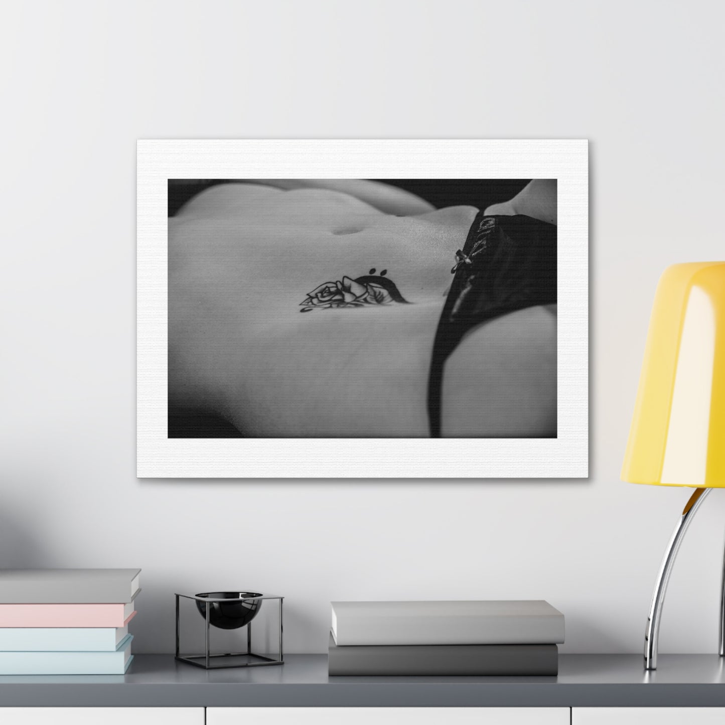 Rose Tattoo on Belly Black & White Photographic Art Print on Satin Canvas