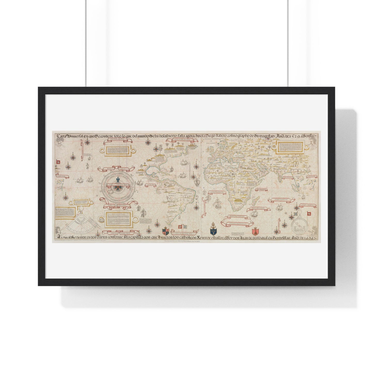 Antique World Map (1529) by Diogo Ribeiro from the Original, Framed Art Print