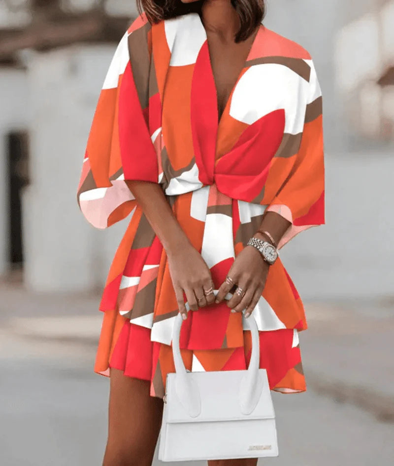 Vireous Fashion Print Doll-Sleeve Loose Summer Dress