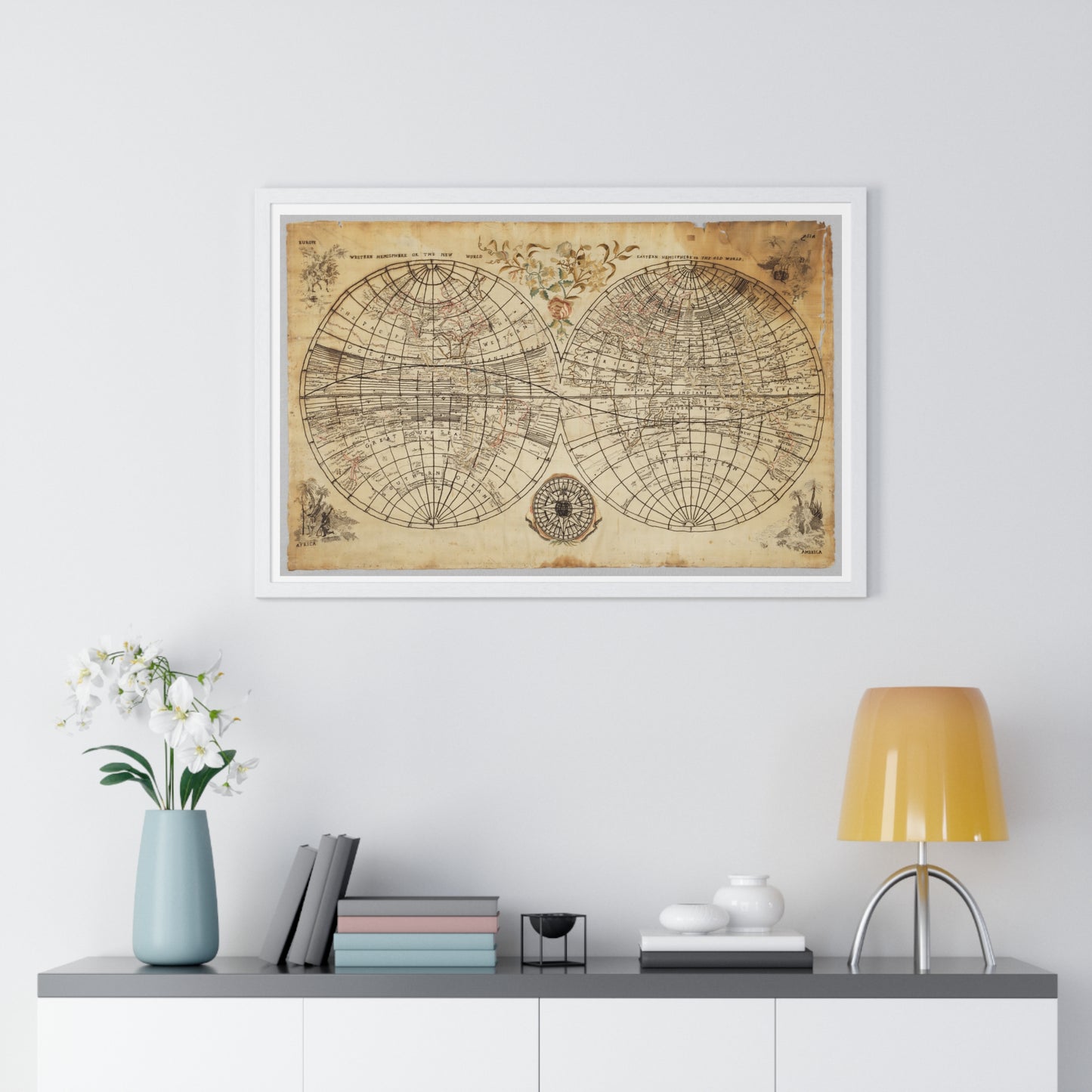 Antique Textile World Map Sampler (1790s) from the Original, Framed Print