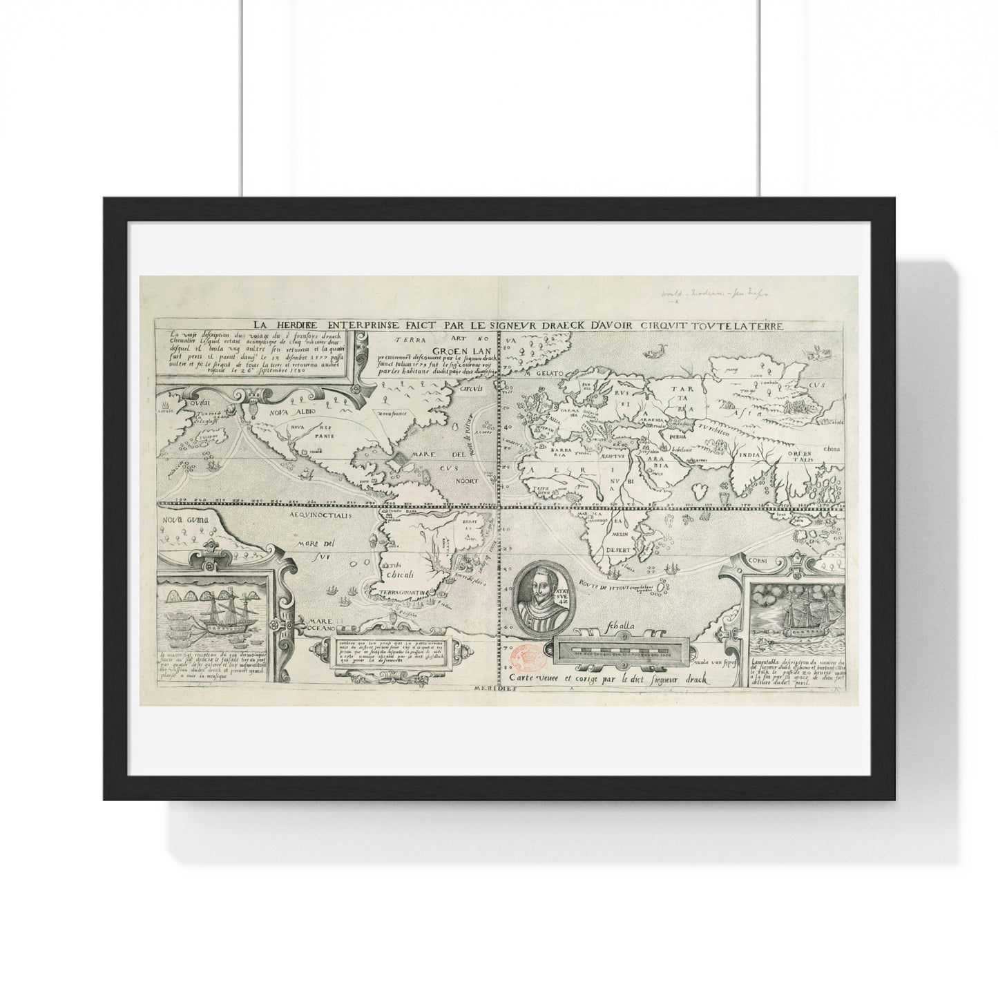 Francis Drake's World Voyage, Tudor Antique Map (circa 1581) from the Original, Framed Print