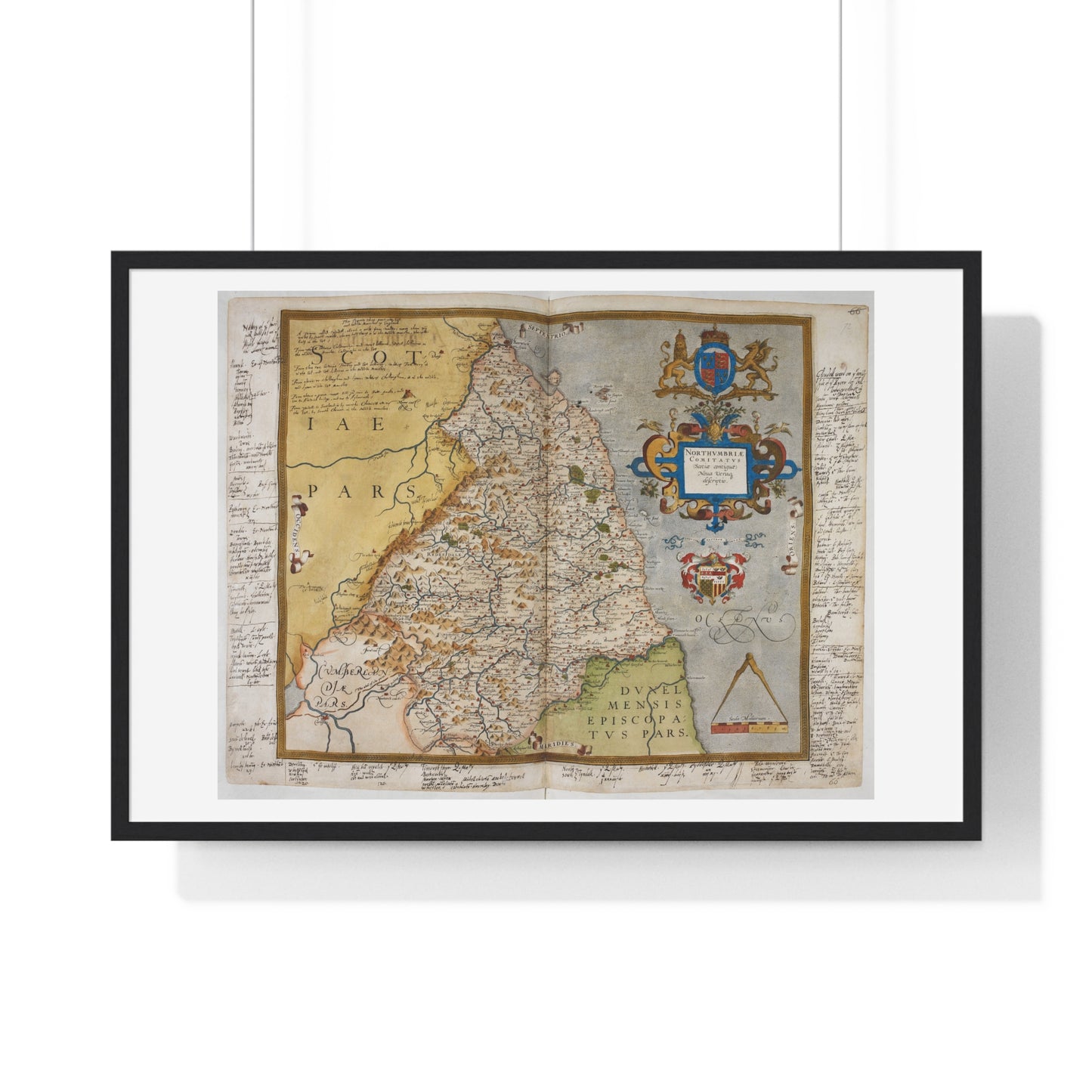 Tudor Antique Map of Northumberland from Lord Burghley's Atlas (1579) from the Original, Framed Print