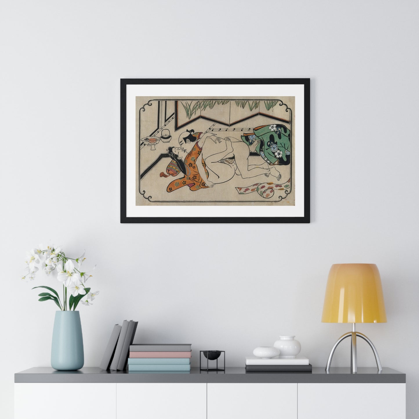 Middle-Aged Couple Making Love, Coloured Reproduction of a Woodcut by Moronobu (1680s) Framed Art Print