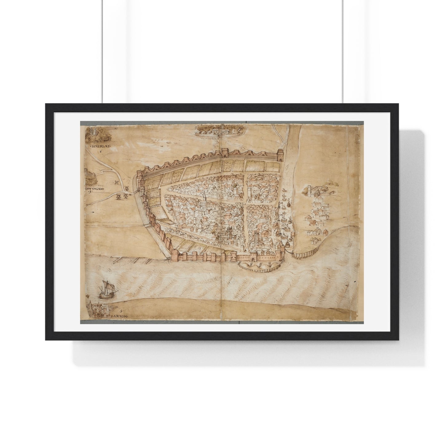 Antique Map of the City of Hull (circa 1539) from the Original Manuscript, Framed Print