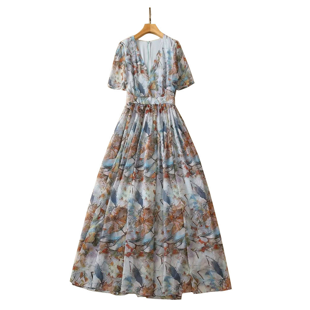 Vireous Short Sleeve Abstract Print Long Dress, Spring and Summer Collection