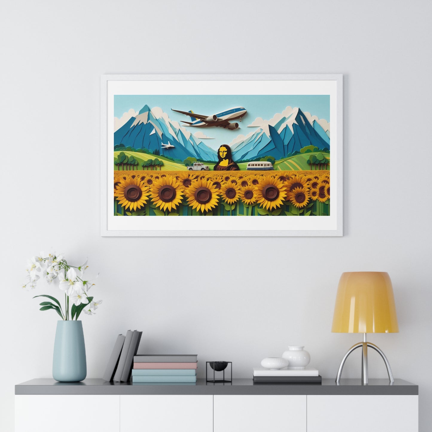 Mona Lisa in a Sunflower Meadow, Abstract Art 'Designed by AI' Framed Print