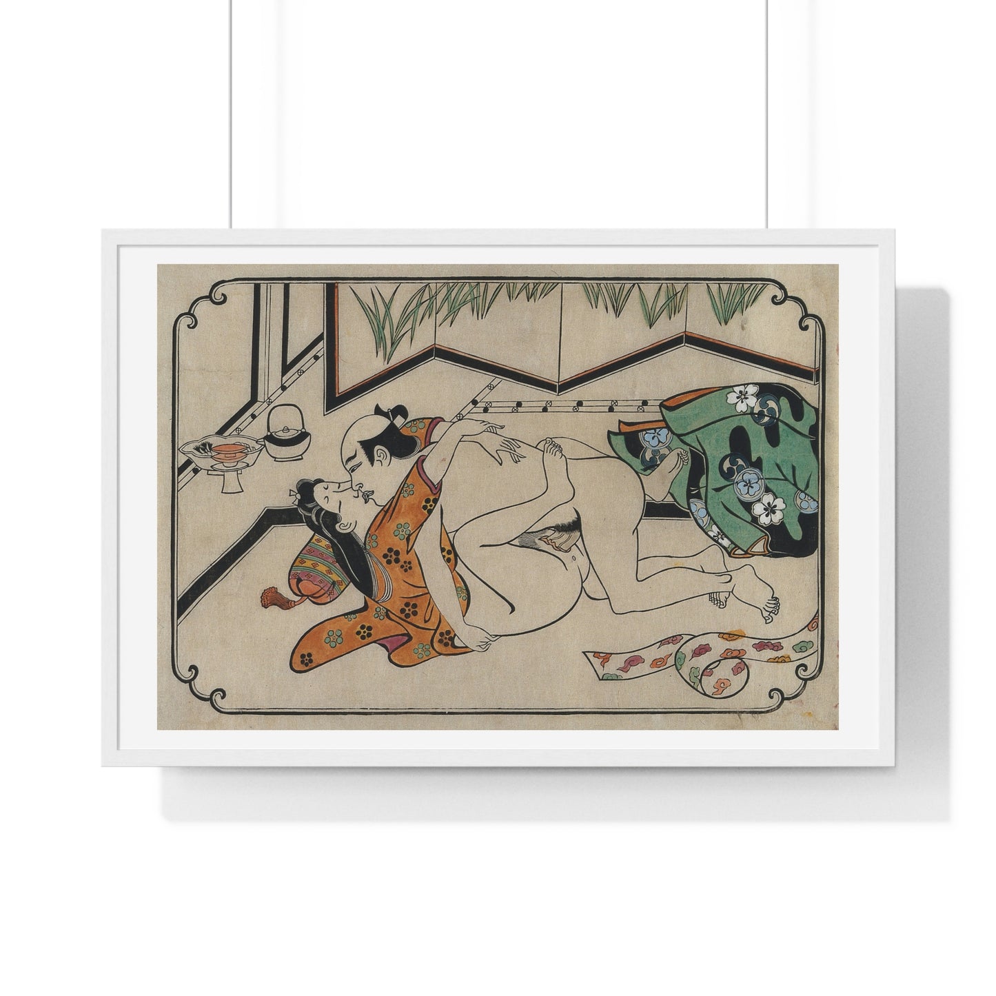 Middle-Aged Couple Making Love, Coloured Reproduction of a Woodcut by Moronobu (1680s) Framed Art Print