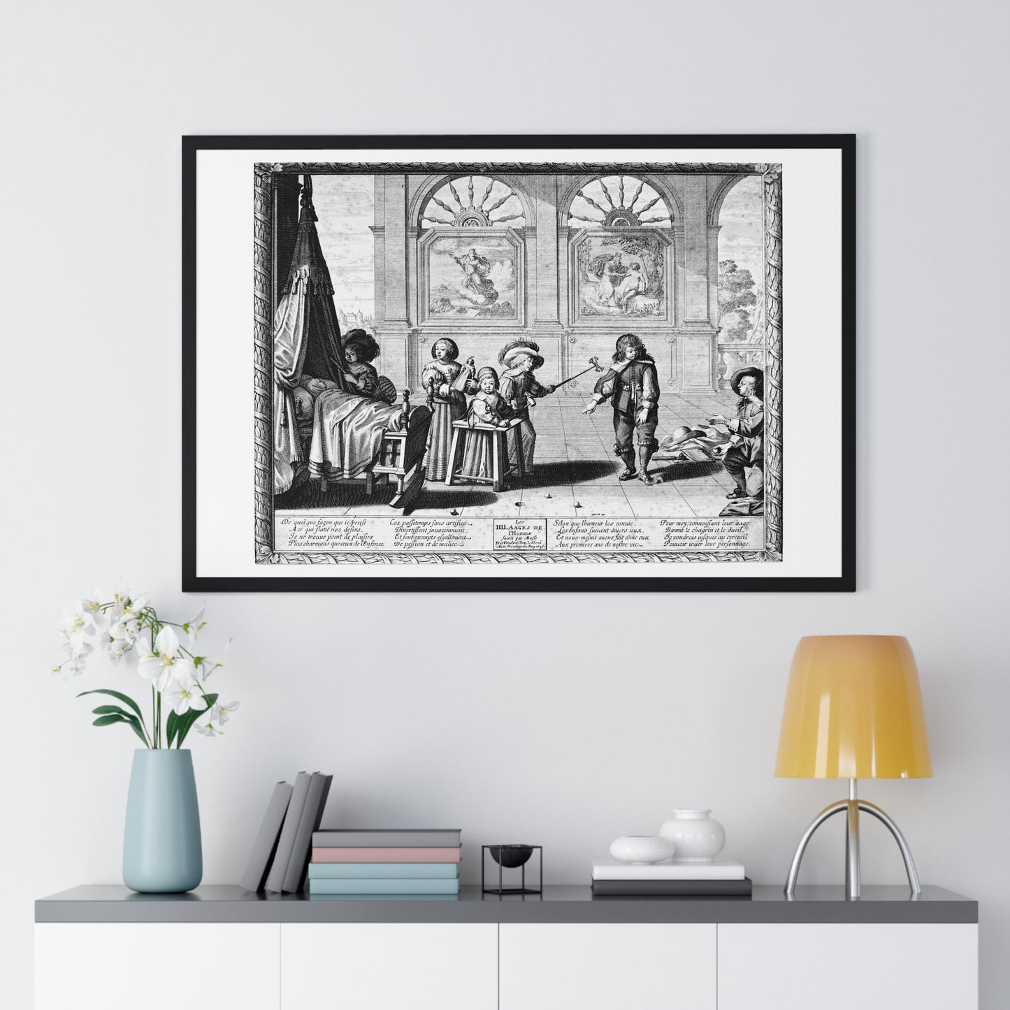 Children Playing with Toys, in the Background are Paintings of the Creation and the Creation of Adam, by Abraham Bosse (1636) Framed Print