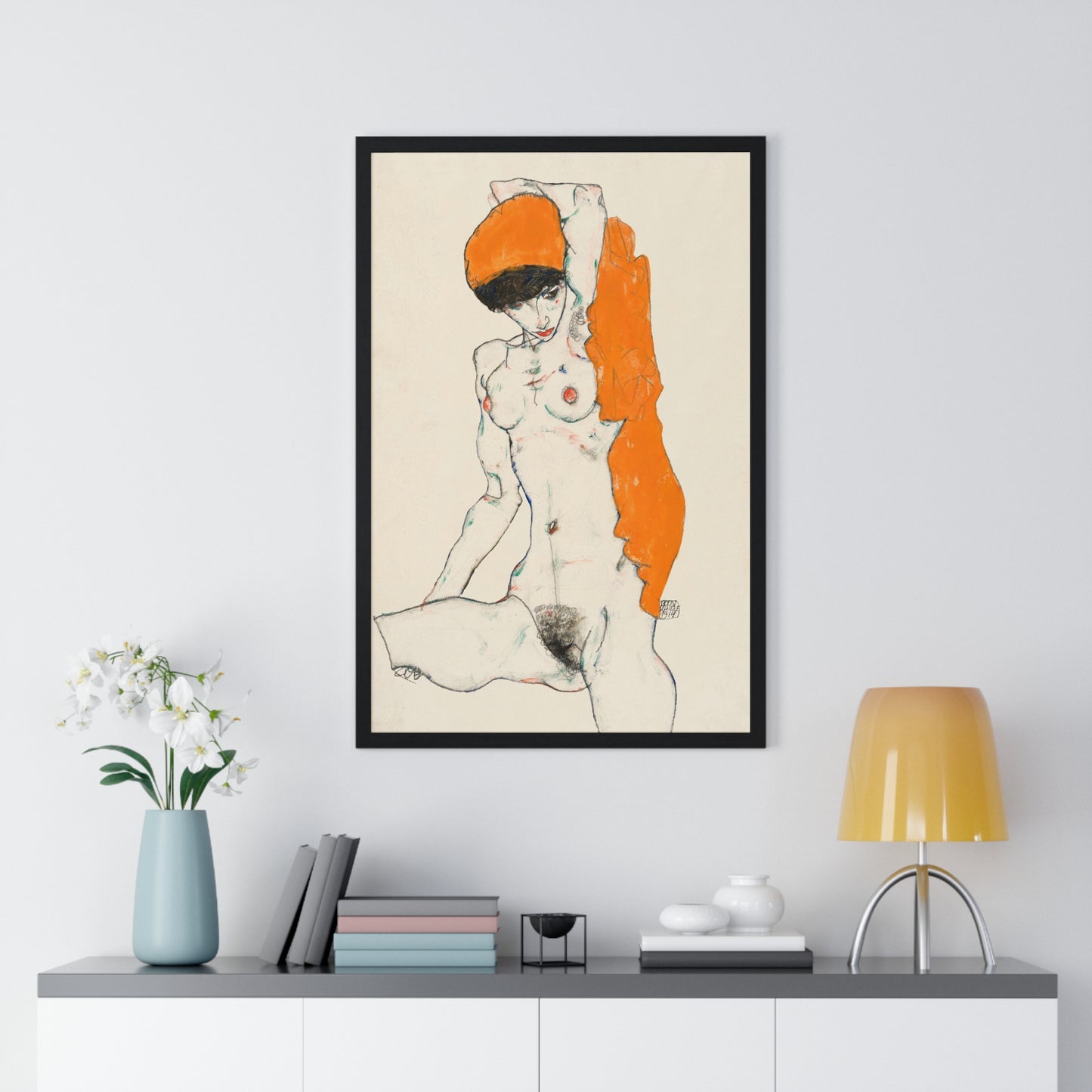 Standing Nude with Orange Drapery (1914) Line Art by Egon Schiele from the Original, Framed Art Print