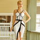 Vireous Contrast-Colour Spliced Halter Belt Dress
