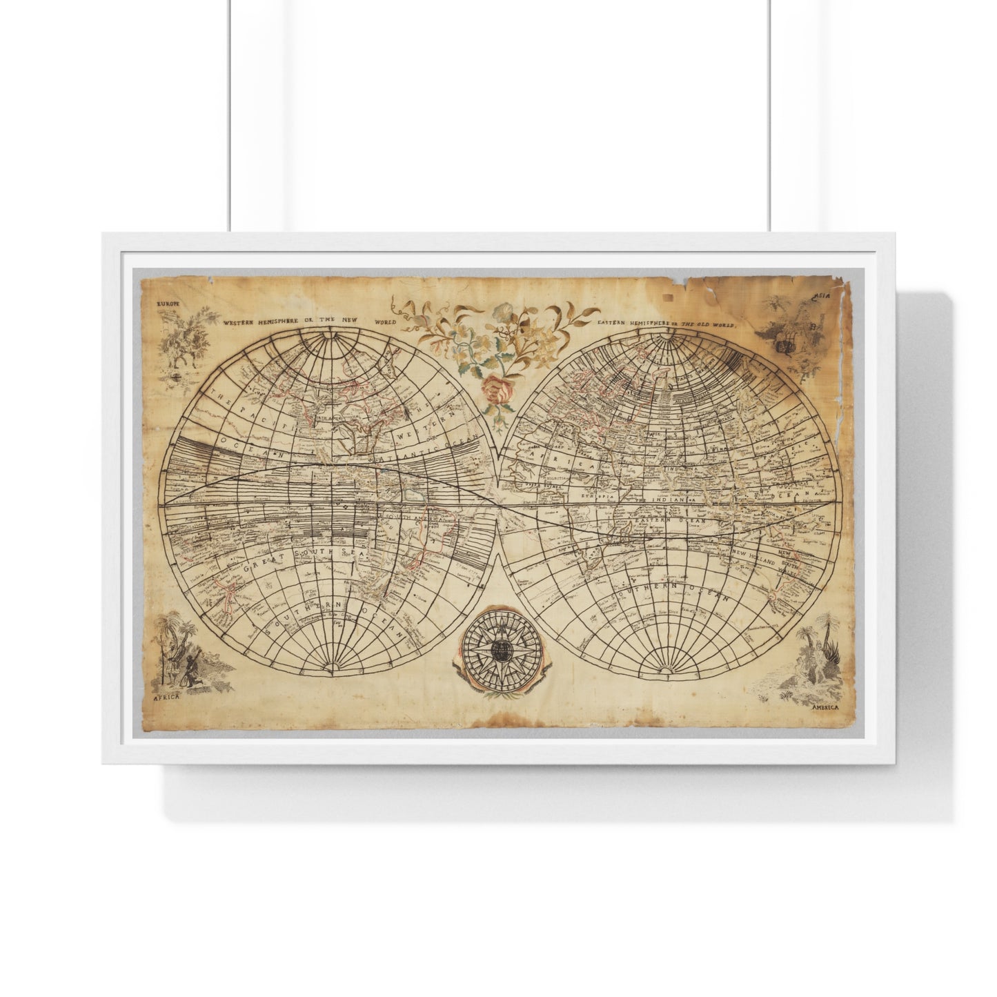 Antique Textile World Map Sampler (1790s) from the Original, Framed Print