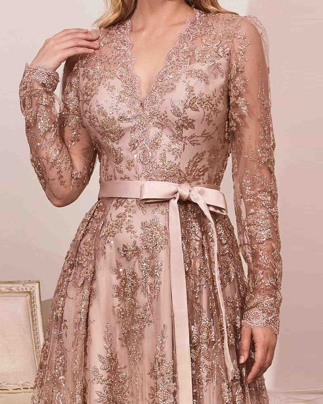 Vireous Gold Organza Tie-Up Evening Dress