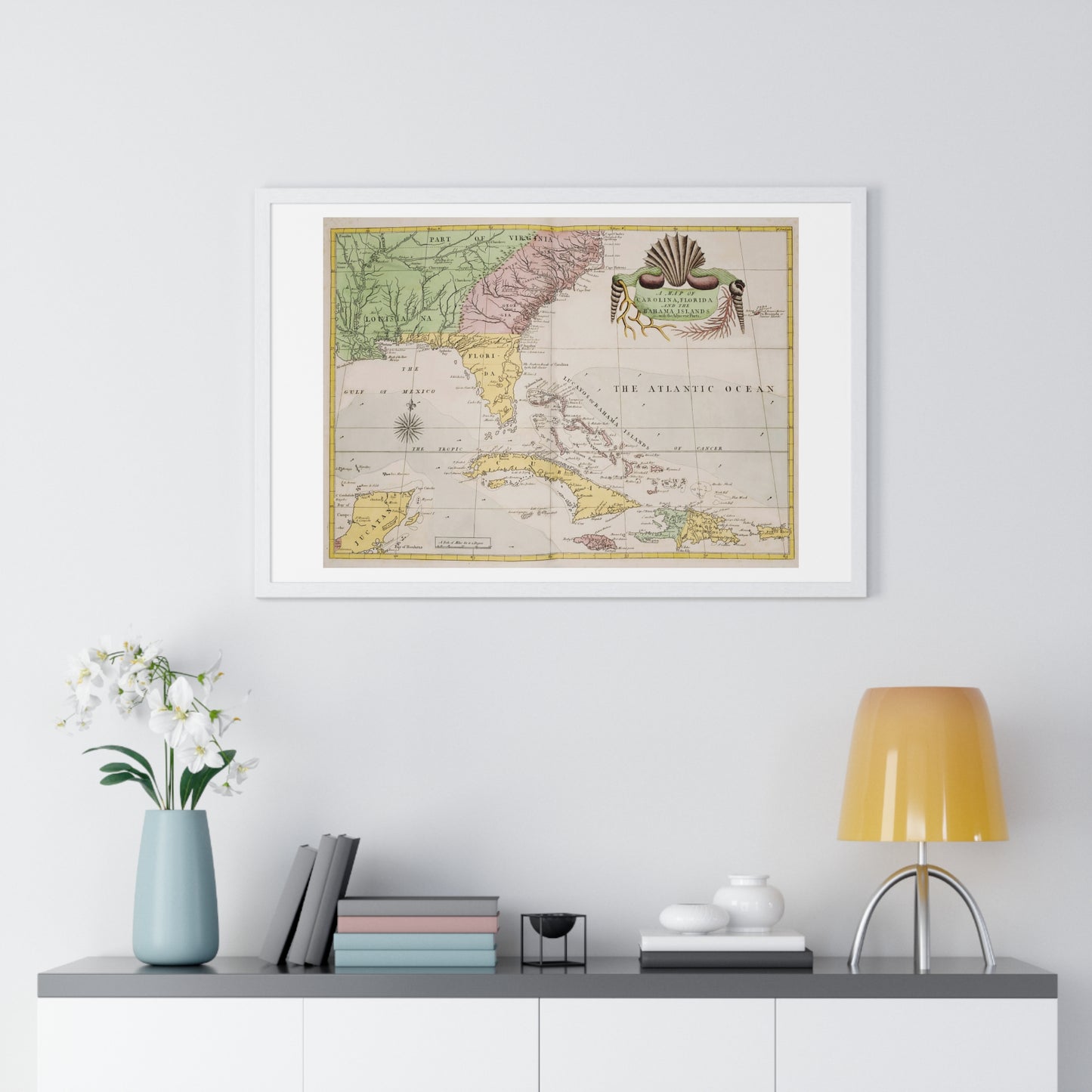 Map of Carolina, Florida and the Bahama Islands with Adjacent Parts from the Natural History of Carolina, Florida, and the Bahama Islands (1754) from the Original, Framed Art Print