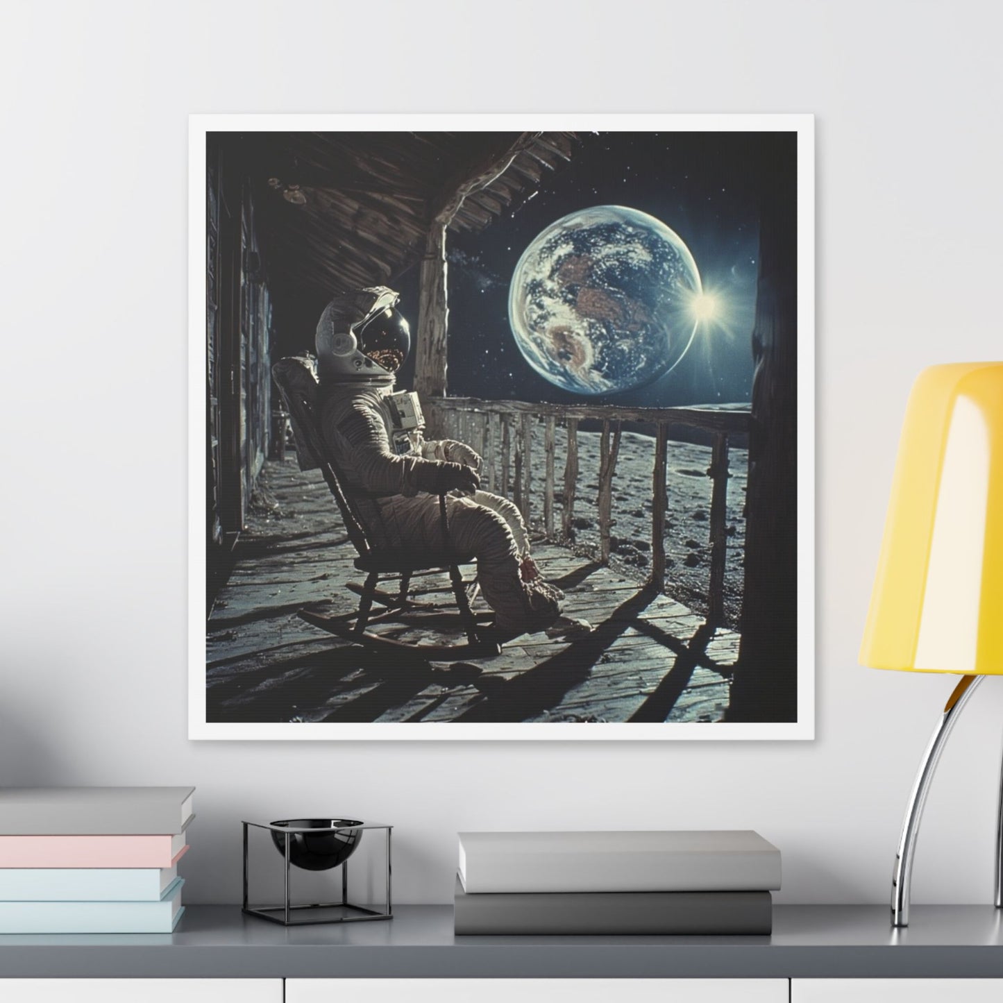 Astronaut on the Moon Sitting in a Rocking Chair on the Porch of a Farmhouse, Photorealism 'Designed by AI' Canvas Art Print
