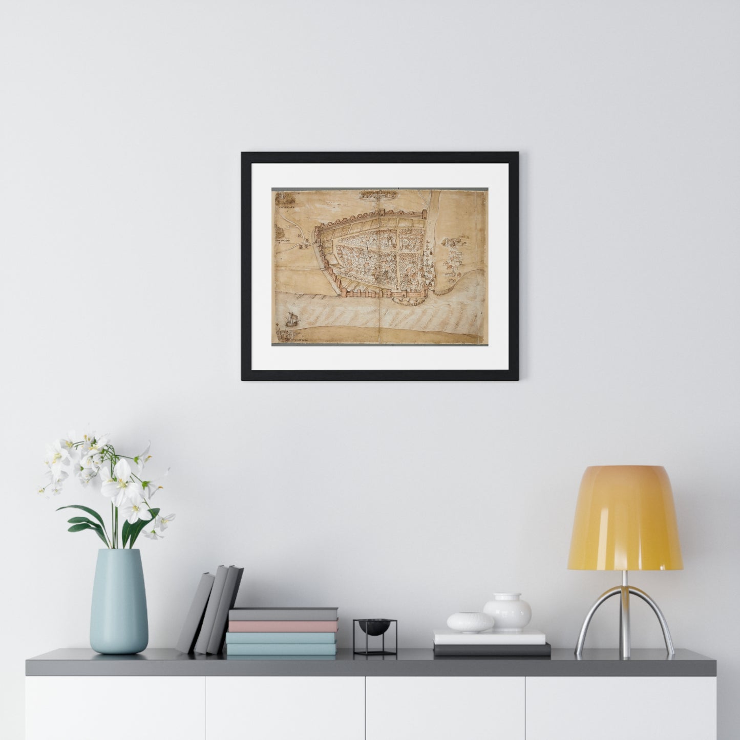 Antique Map of the City of Hull (circa 1539) from the Original Manuscript, Framed Print