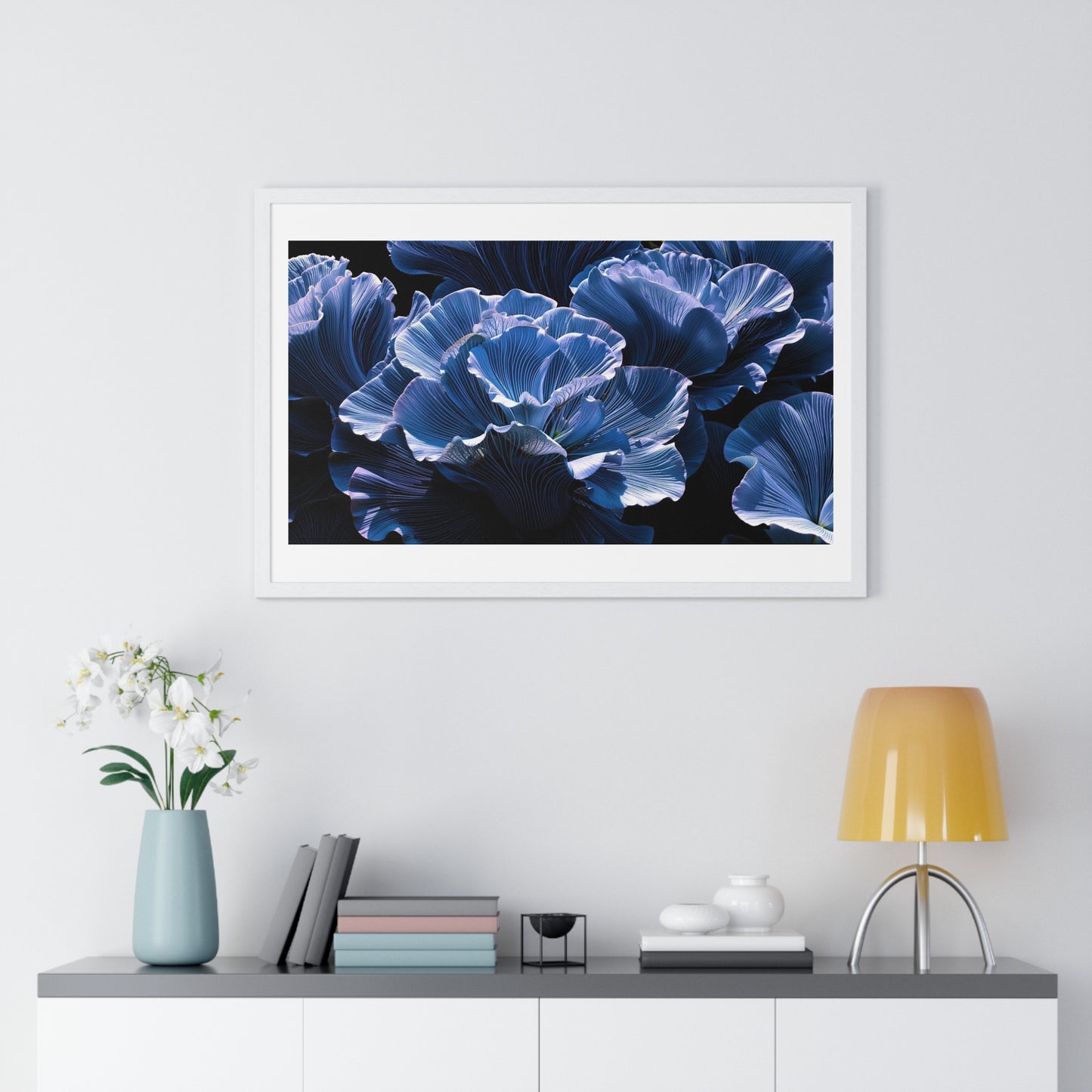Iris Petals, Blue Vibrant Art 'Designed by AI' Framed Print