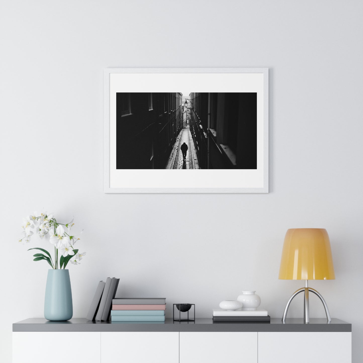Black and White Photography, High-Contrast Cityscape II 'Designed by AI' Framed Print